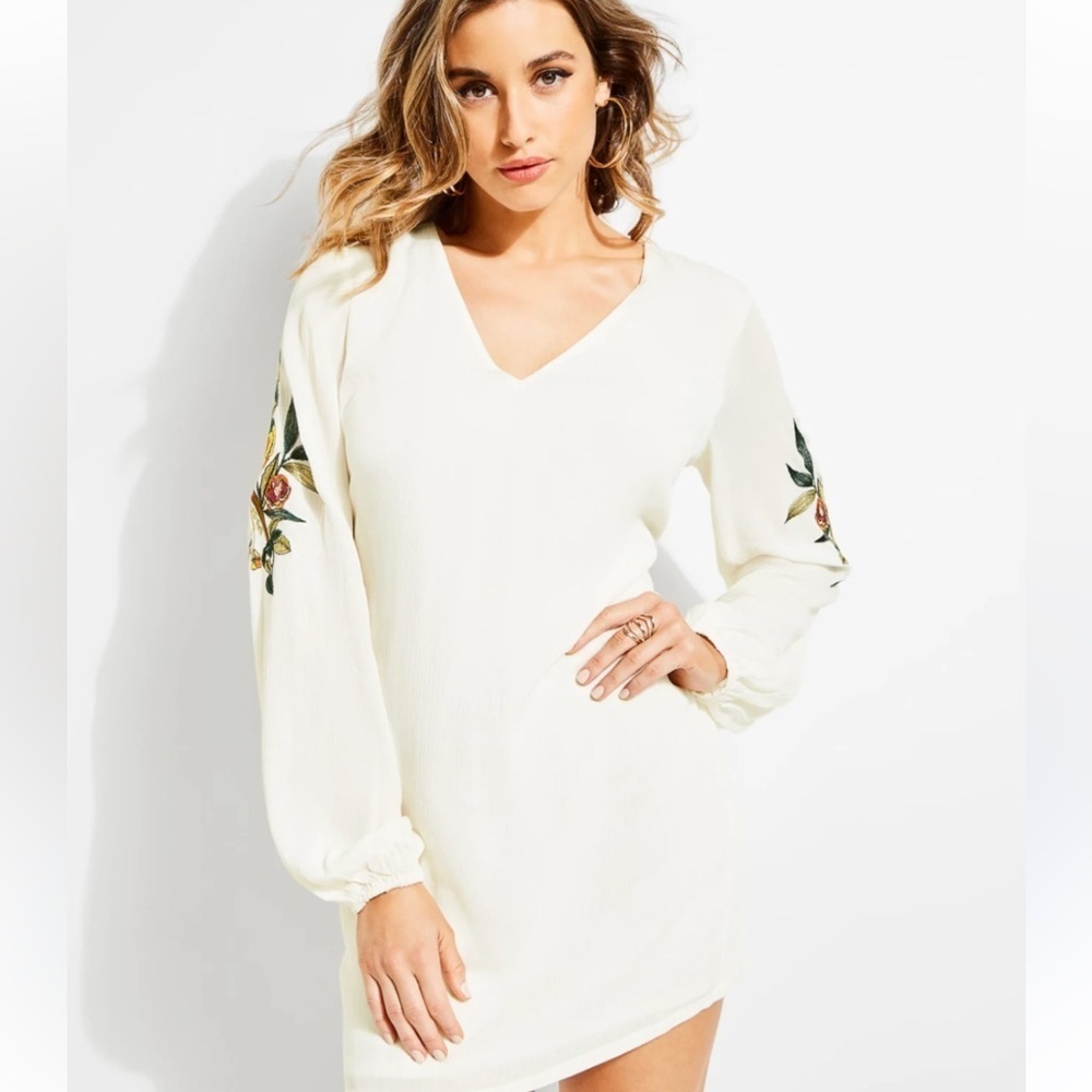 Guess Jubilee Cream shift Long sleeve dress with Floral Embroidery - Small